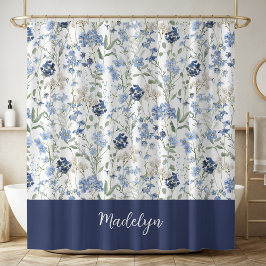 Cortina Para Box Blue Watercolor Wildflower Monogram Name