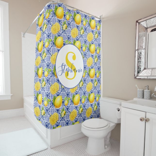 Cortina Para Box Blue White Lemon Tile Pattern Name Monogram Citrus (In Situ)