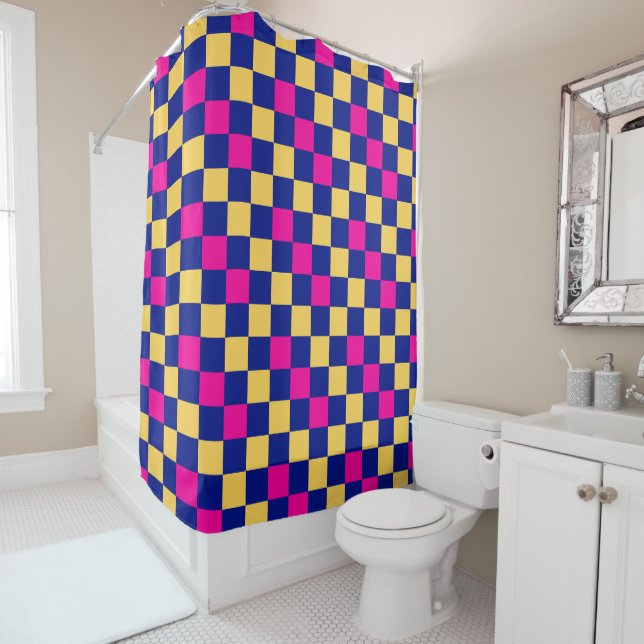 Cortina Para Box Blue Yellow Pink Checkered Pattern Design  (In Situ)