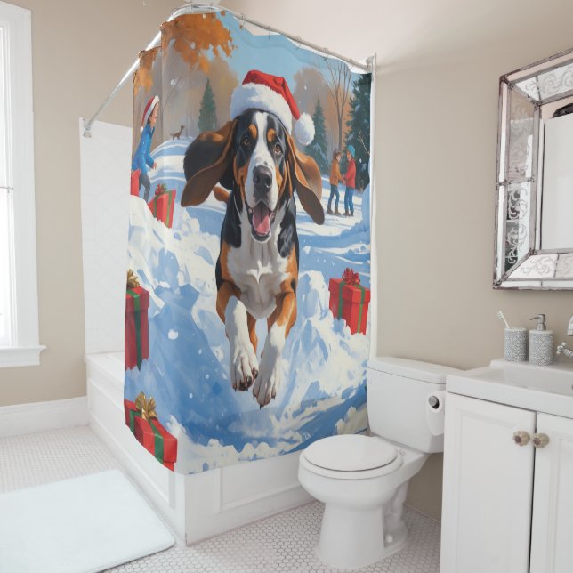 Cortina Para Box Bluetick Coonhound Correndo na Neve com Natal  (In Situ)