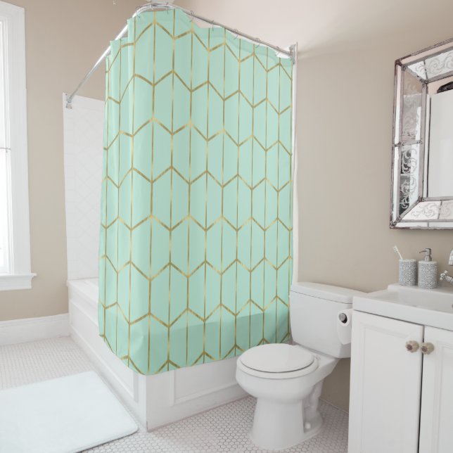 Cortina Para Box Boho Verde Menta Hexágono Dourado & Glam Geométric (In Situ)