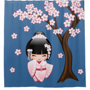 Cortina Para Box Boneca Kawaii Kokeshi em Quimono Rosa sobre Azul