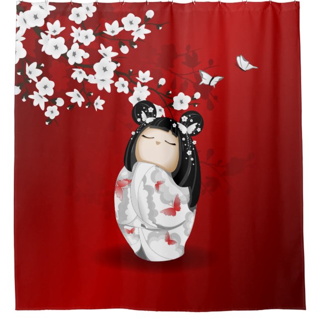 Cortina Para Box Bonecas Kokeshi Red Black White Cherry Blossoms (Frente)