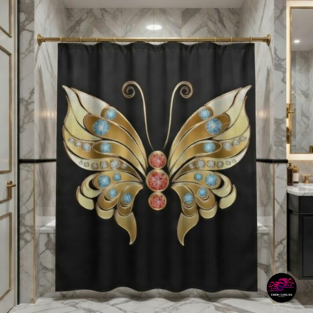 Cortina Para Box Borboleta Cravejada de Ouro (Bold black and gold butterfly shower curtain for a luxe statement bathroom ✨🦋)