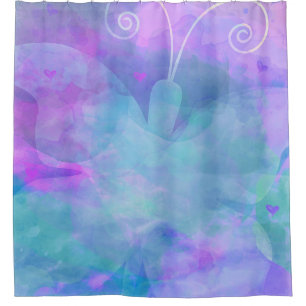 Cortina Para Box Borboleta de Arte em Aquarela Pastel Roxo Turquesa
