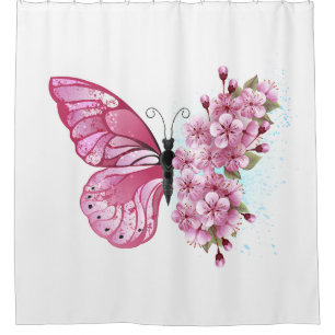Cortina Para Box Borboleta Flor com Sakura Rosa