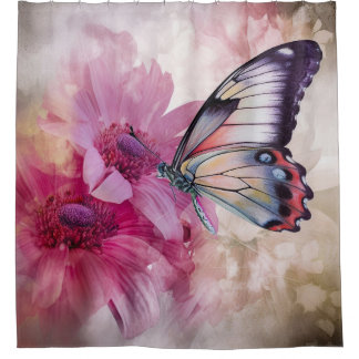 Cortina Para Box Borboleta Sonhadora com Flores Rosa