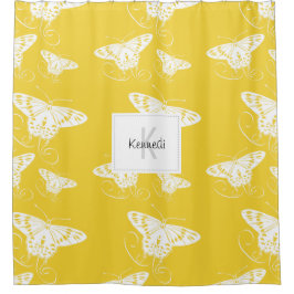 Cortina Para Box Borboletas Brancas Sobre Padrão Amarelo Com Nome