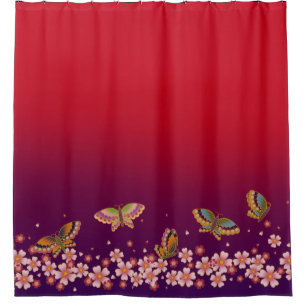 Cortina Para Box Borboletas Japonesas No Meio De Sakura Brilha Verm
