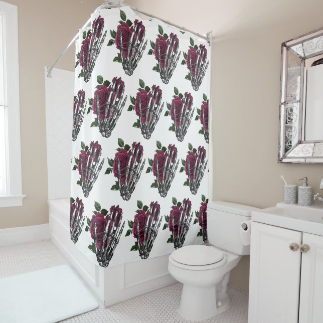 Cortina Para Box Bordô Floral Esqueleto Mão Gótico (In Situ)