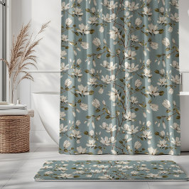 Cortina Para Box Bosque de Magnólia Branca em Azul Pato Floral Eleg