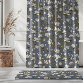 Cortina Para Box Bosque de Magnólia Branca em Floral Elegante Azul