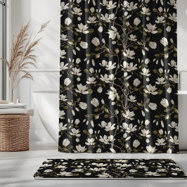 Cortina Para Box Bosque de Magnólia Branca em Floral Elegante Preto