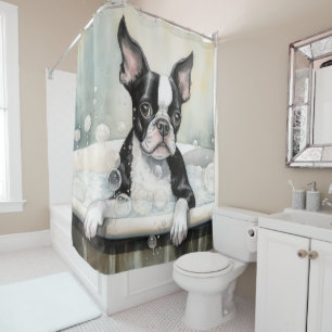 Cortina Para Box Boston Terrier in Bathtub Watercolor Dog Art