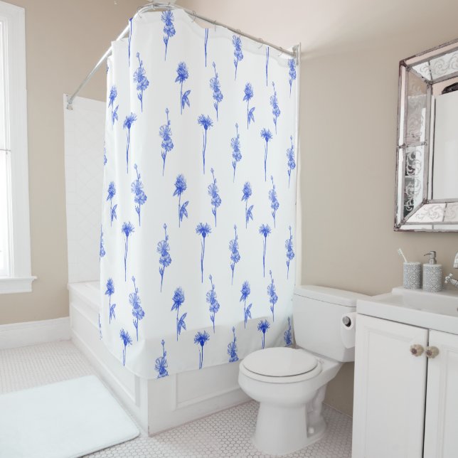 Cortina Para Box Botanical Blue Floral Flowers Pattern Curtain (In Situ)