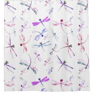 Cortina Para Box Branco azul da lavanda cor-de-rosa das libélulas