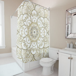 Cortina Para Box Brilho branco e Dourado Mandala Floral