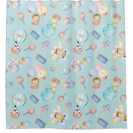 Cortina Para Box Brinquedos Balões de Bebês Azul Claro