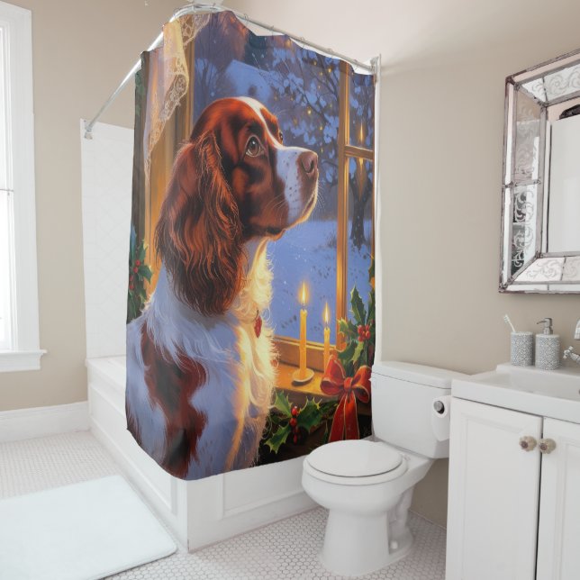 Cortina Para Box Brittany Spaniel with Christmas Lights Holiday  (In Situ)