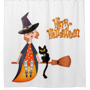 Cortina Para Box Bruxa e Gato Preto Feliz Halloween