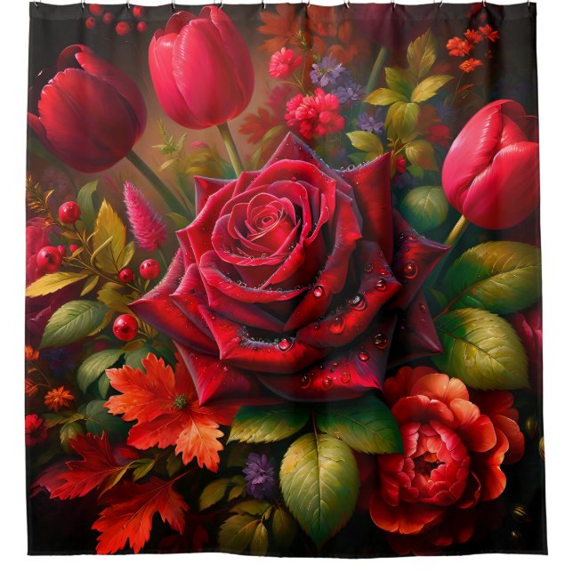 Cortina Para Box "Buquê Floral Vibrante com Gotas de Chuva (Frente)