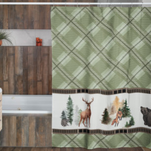 Cortina Para Box Cabana Rústica Xadrez com Animais da Floresta em A
