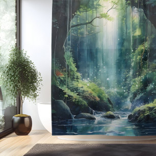 Cortina Para Box Cachoeira da Floresta Mística em Aquarela