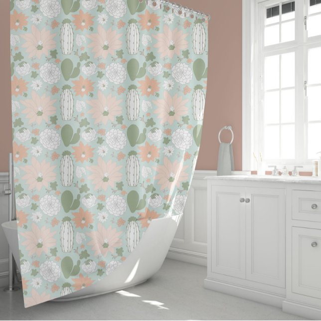 Cortina Para Box Cactus Succults Peach Green Floral (Cactus Succulents Peach Green Floral Shower Curtain from Studio Posies.)