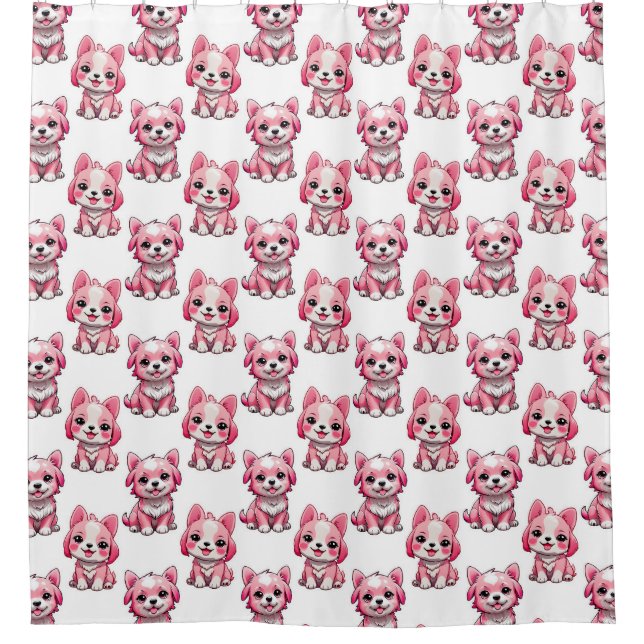 Cortina Para Box Cães Fofo Rosa - Branco  (Frente)