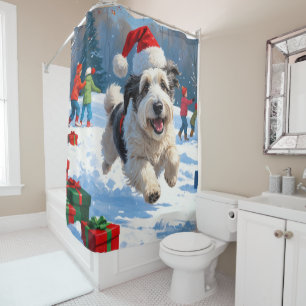 Cortina Para Box Cão de Pastoreio Inglês Antigo Correndo na Neve Ch