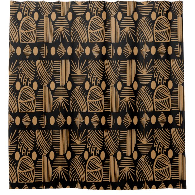 Cortina Para Box Caribe Tribal Mudcloth: Preto, Dourado (Frente)