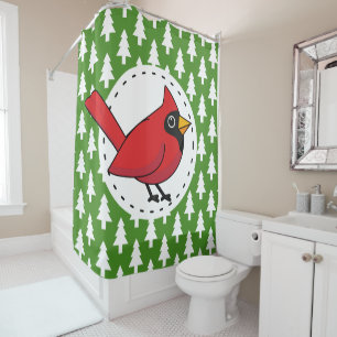 Cortina Para Box Cartoon Red Cardinal sobre Pinheiros Brancos Verde