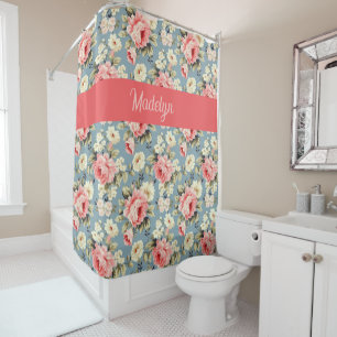 Cortina Para Box Casa de Campo Floral Coral Vermelho Monograma Nome