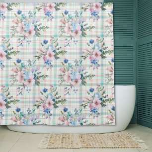 Cortina Para Box Casa de Campo Floral Pastel Xadrez