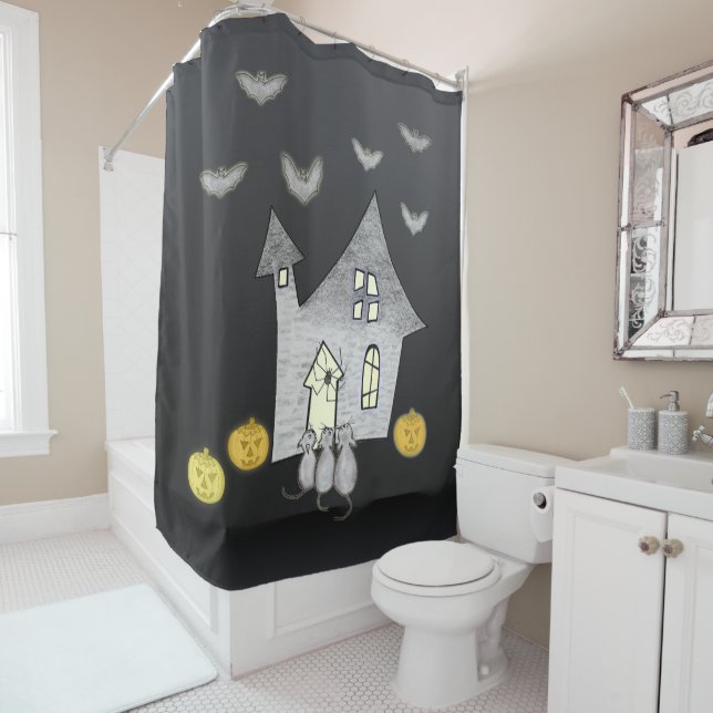 Cortina Para Box Casa De Halloween, Gatos Pretos, Morcegos (In Situ)