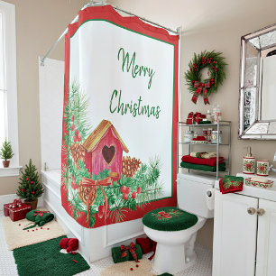 Cortina Para Box Casinha de pássaros em aquarela Natal Férias