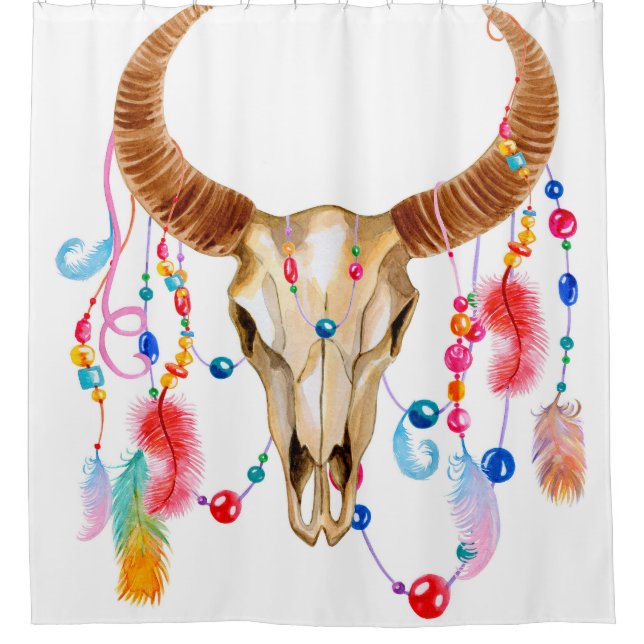 Cortina Para Box Caveira Isolada De Aquarela: Fundo Branco. (Frente)