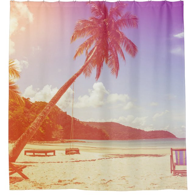Cortina Para Box Cena de praia, coqueiro, cama de madeira. (Frente)