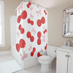 Cortina Para Box Cerejas Vermelhas com Laços Rosa Coquette Cottage