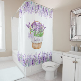 Cortina Para Box Cesta de Flores de Lavanda com Nome Monograma Verd