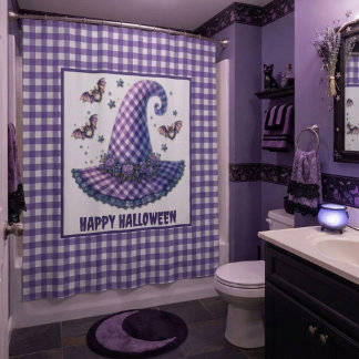 Cortina Para Box Chapéu de Bruxa de Gingham Roxo de Halloween & Mor