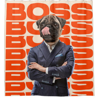 Cortina Para Box Chefe com cabeça de cão em pé com as mãos cruzadas
