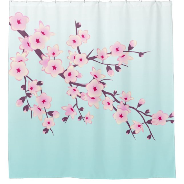 Cortina Para Box Cherry Blossomo Turquesa Rosa (Frente)