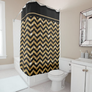 Cortina Para Box Chevron Preto e Dourado com Trim Preto