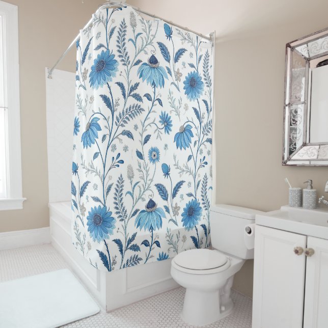 Cortina Para Box Chinoiserie Blue Echinacea Pattern (In Situ)
