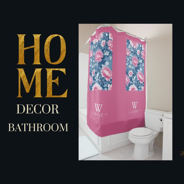 Cortina Para Box Chinoiserie elegante azul delta e rosa (Criador carregado)