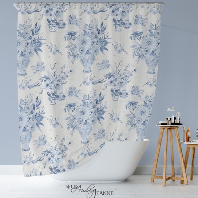 Cortina Para Box Chinoiserie Floral Vase Peony Blue Bath (Blue and White Toile Chinoiserie Flora by Audrey Jeanne)