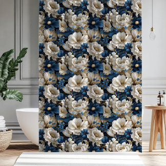 Cortina Para Box Chique Opulento Azul Branco Marfim Floral Banho Ch