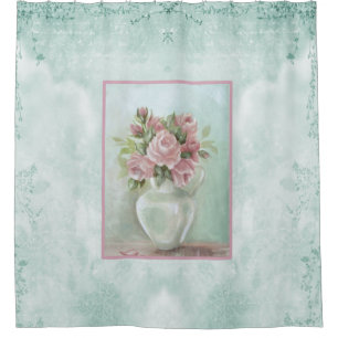 Cortina Para Box Chique Vintage, Rosas Rosa Vitorianas no Teal