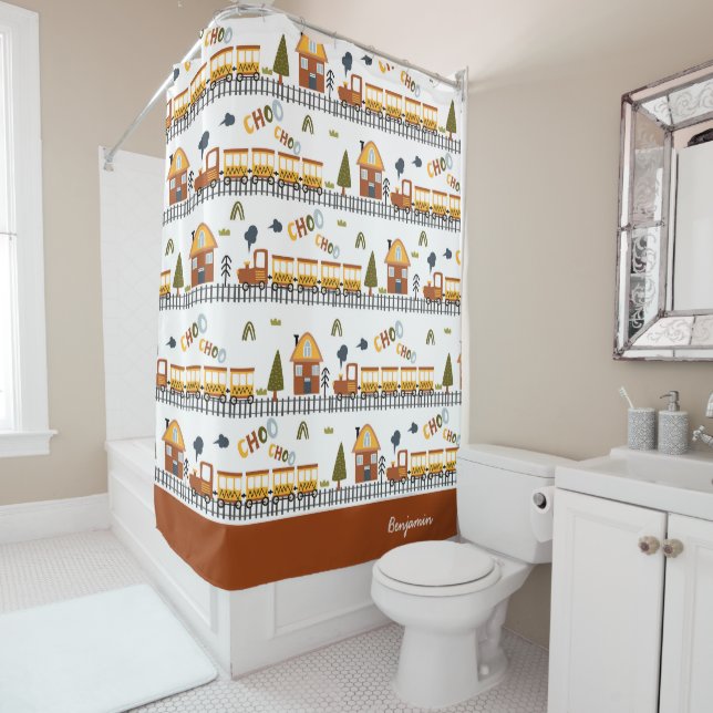 Cortina Para Box Choo Choo Train Pattern Little Kid Name Bathroom (In Situ)
